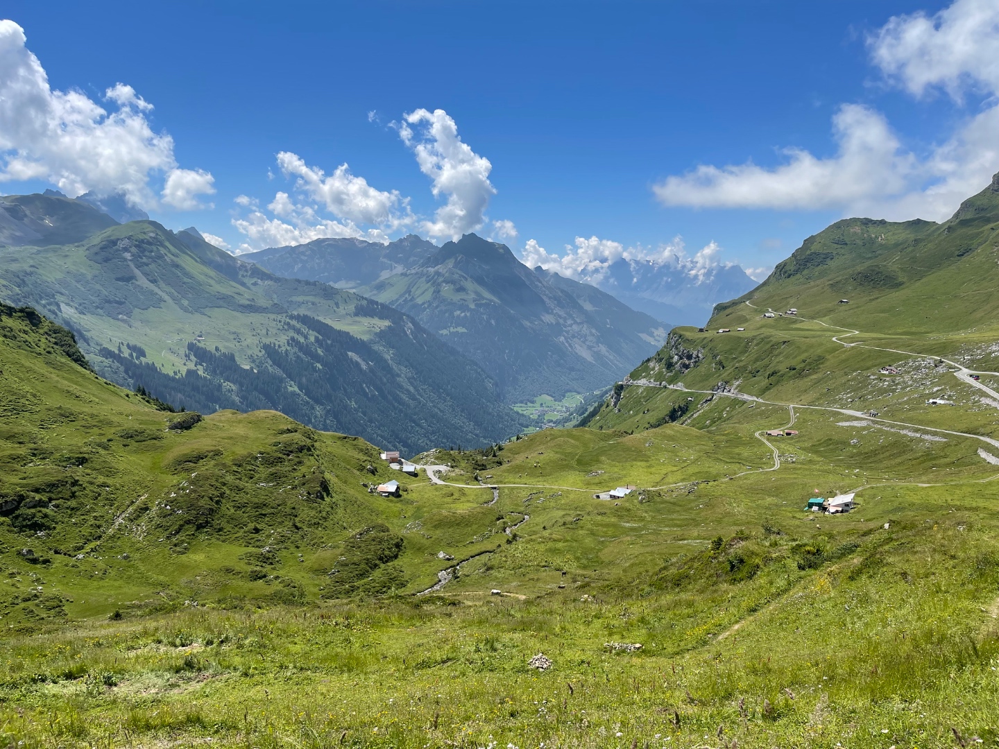 Lush green alpine meadow descending to Lech am Arlberg valley floor, winding road and distant peaks, Austria